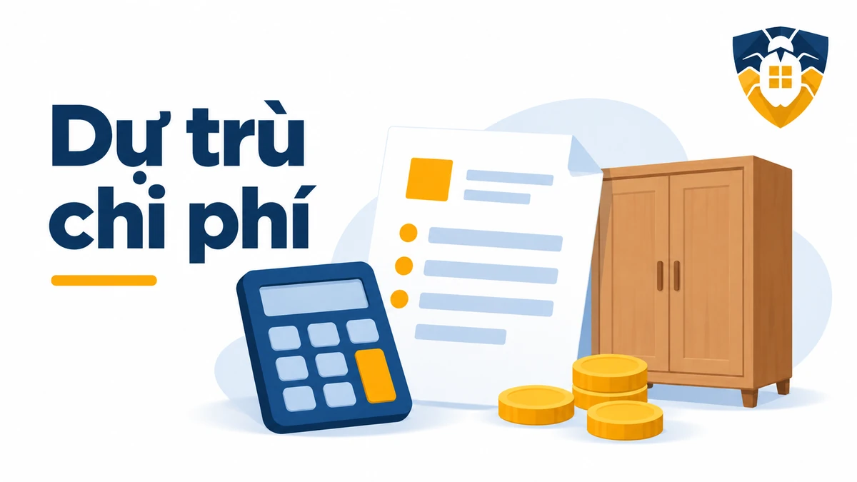 Máy tính, bảng dự trù và tủ gỗ minh họa việc tính chi phí diệt mối
