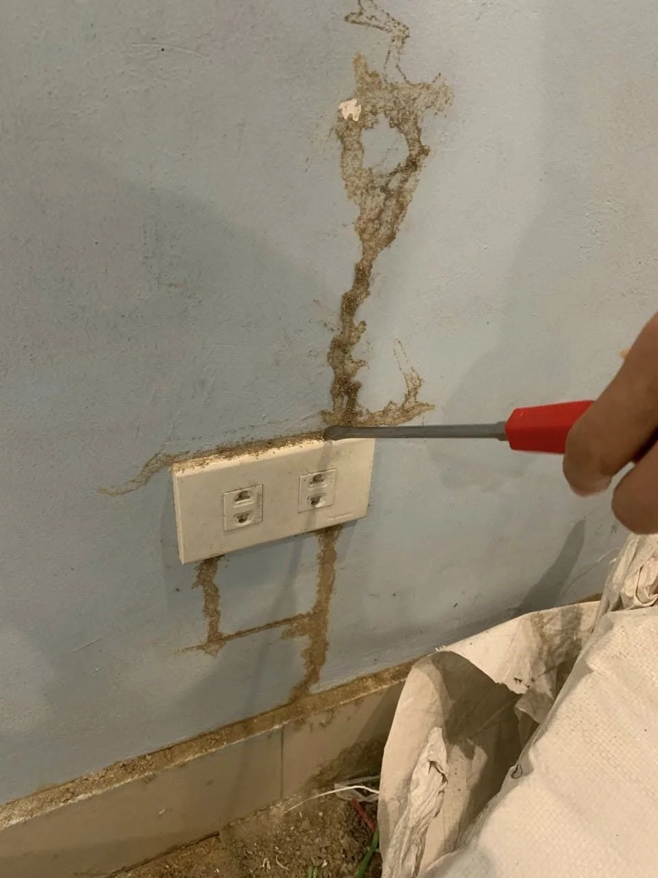 Đường mui mối từ ổ điện lên tường Đường mui mối kéo dài từ ổ điện lên tường