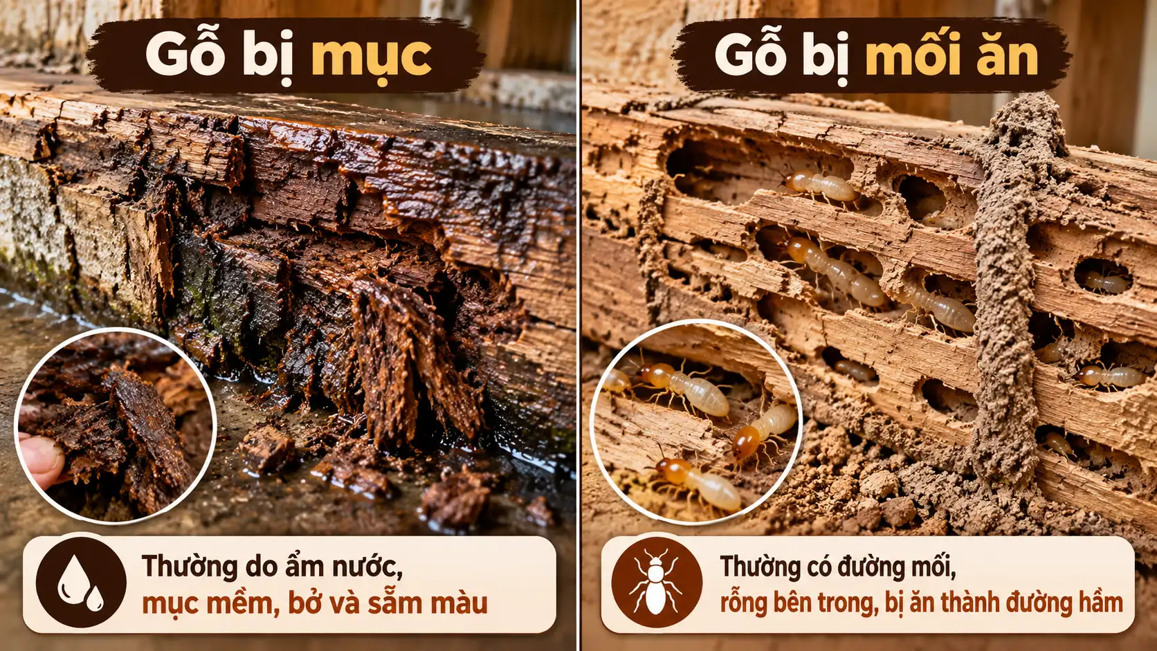 Minh họa gỗ mục mềm và nứt vỡ bên trái, gỗ bị mối ăn thành đường rỗng có đất bám bên phải