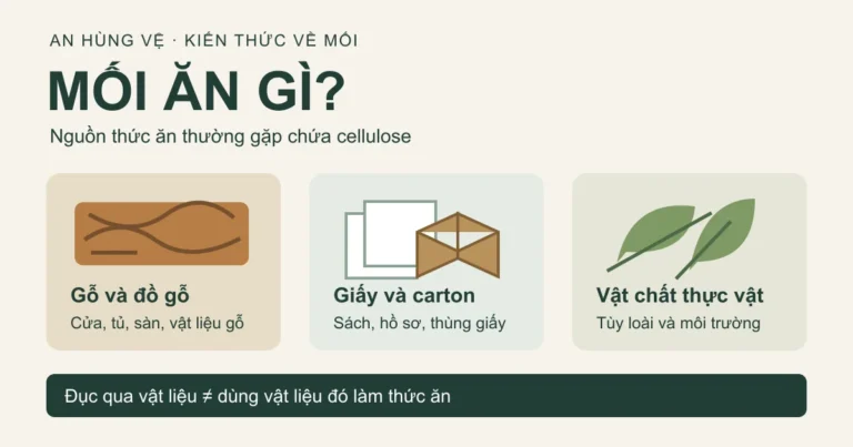 Mối ăn gì: gỗ, giấy, carton và vật chất thực vật chứa cellulose