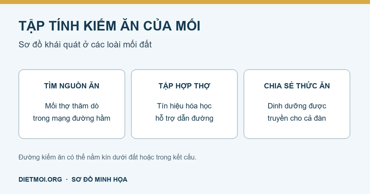 Sơ đồ tập tính kiếm ăn của mối đất từ tìm thức ăn, dẫn đường đến chia sẻ dinh dưỡng trong đàn